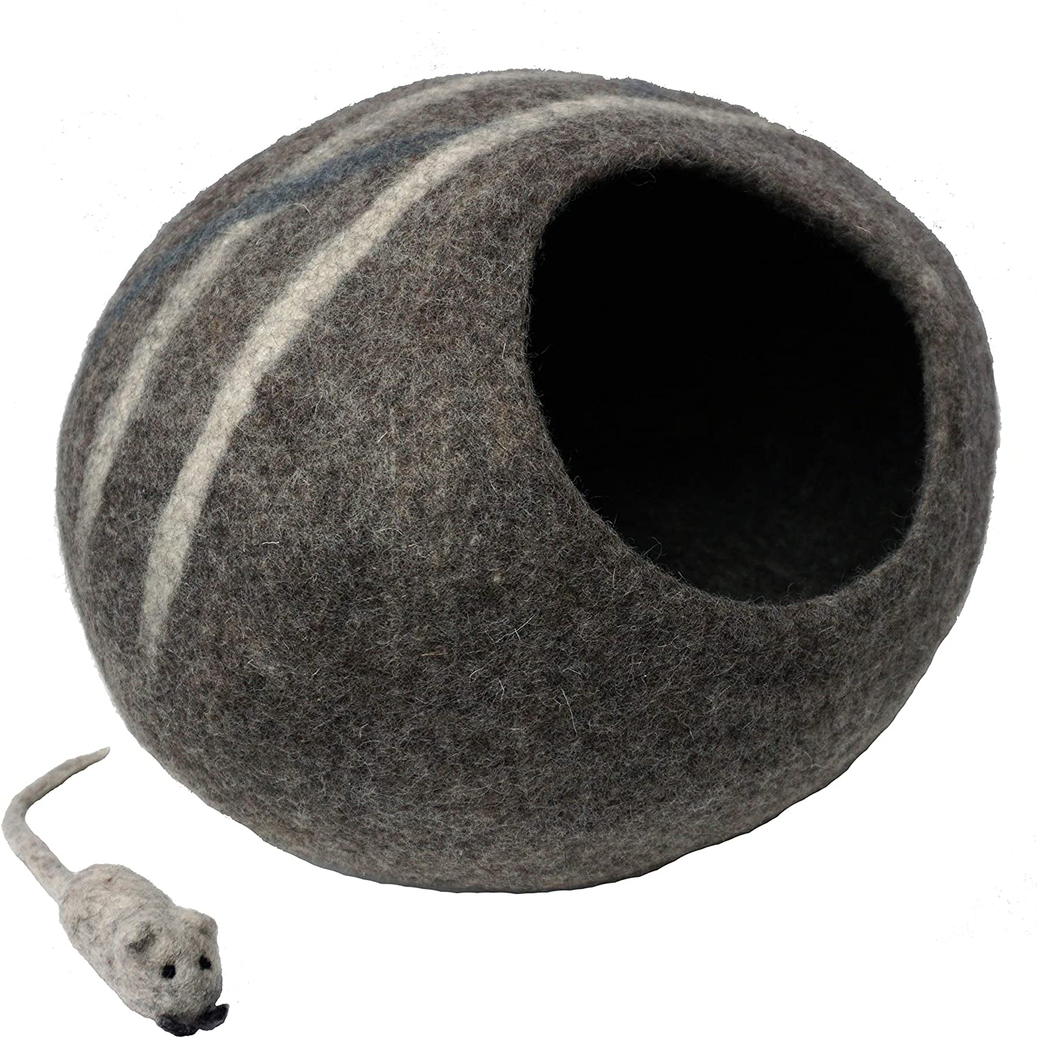 Mokoboho 100% Wool Felt Cat Cave Bed Handmade in Nepal with Free Mouse Toy  Included (Gray Stripe)